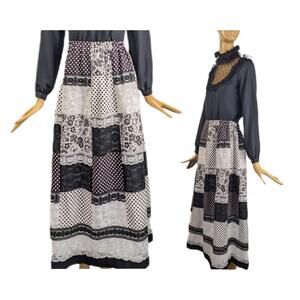 Polka dot 70s quilted patchwork cotton lace‎ maxi skirt Vintage prairie Large